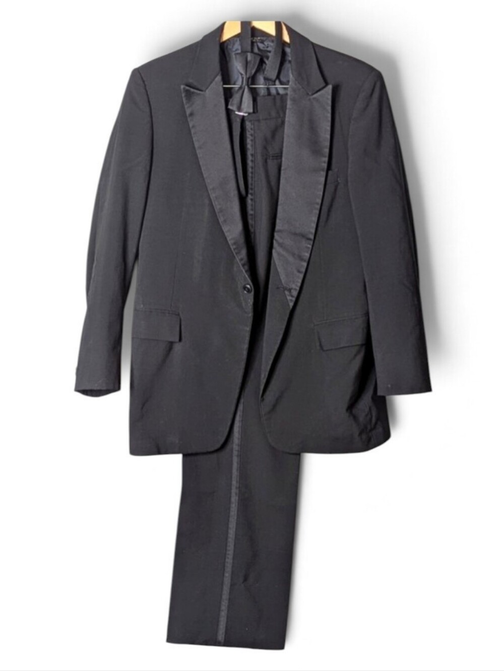 Vintage Black 3 Pc Tux Satin Lapel Pant Stripe Adjustable Waist, Bow Tie S